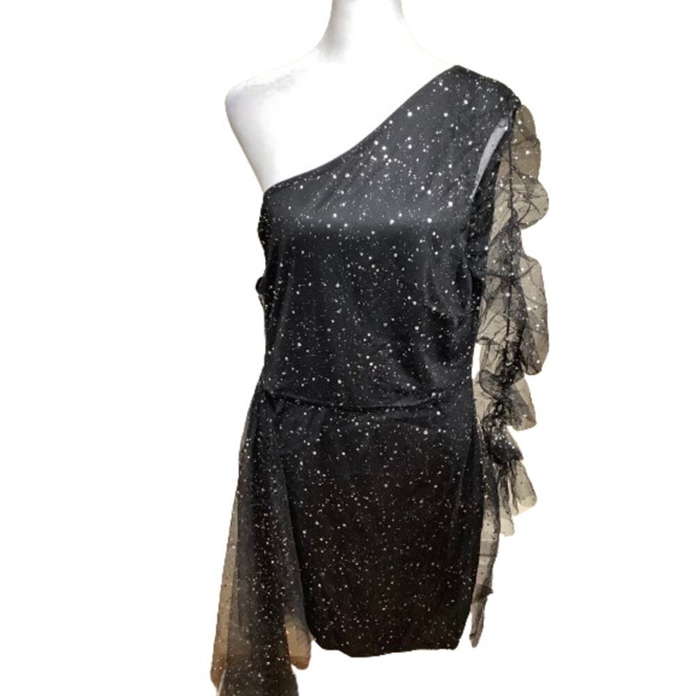 Unbranded Women's Black & Silver One-Shoulder Dress, XL Ethereal, Goth, Punk
